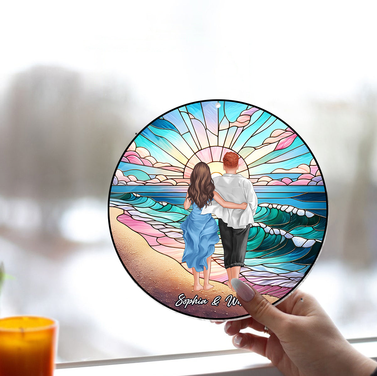 Romantic Sunrise - Personalized Couple Window Hanging Suncatcher Ornament