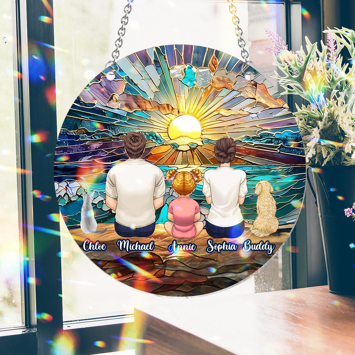 Couple heureux profitant d'une plage romantique - Décoration attrape-soleil personnalisée à suspendre à la fenêtre - Famille 