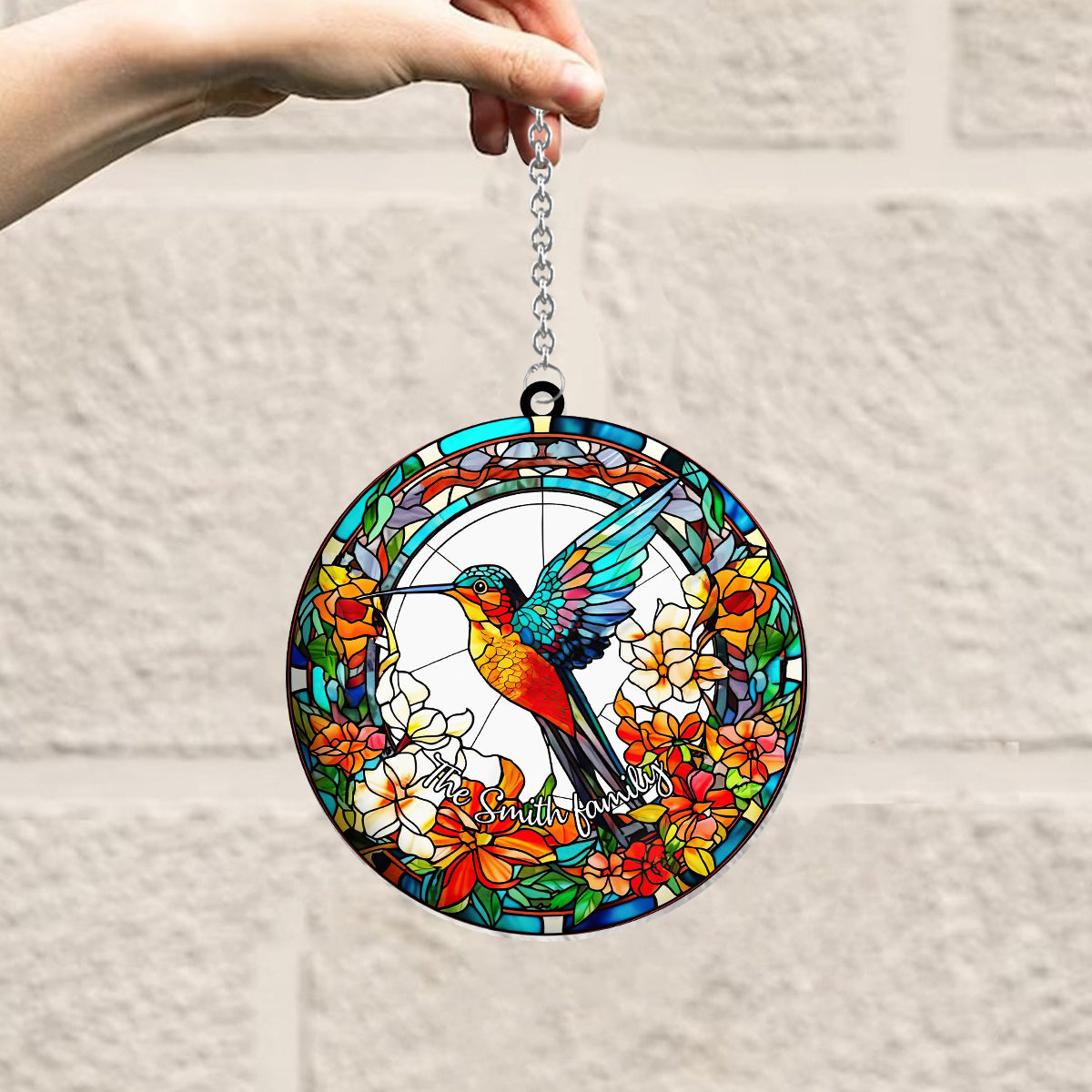 Magnifique colibri entouré de fleurs - Décoration attrape-soleil personnalisée à suspendre à la fenêtre. 