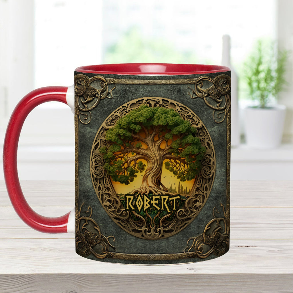 Lebensbaum-Motiv, skandinavische Mythologie, rustikaler Stil – personalisierte Tasse mit irischem Akzent