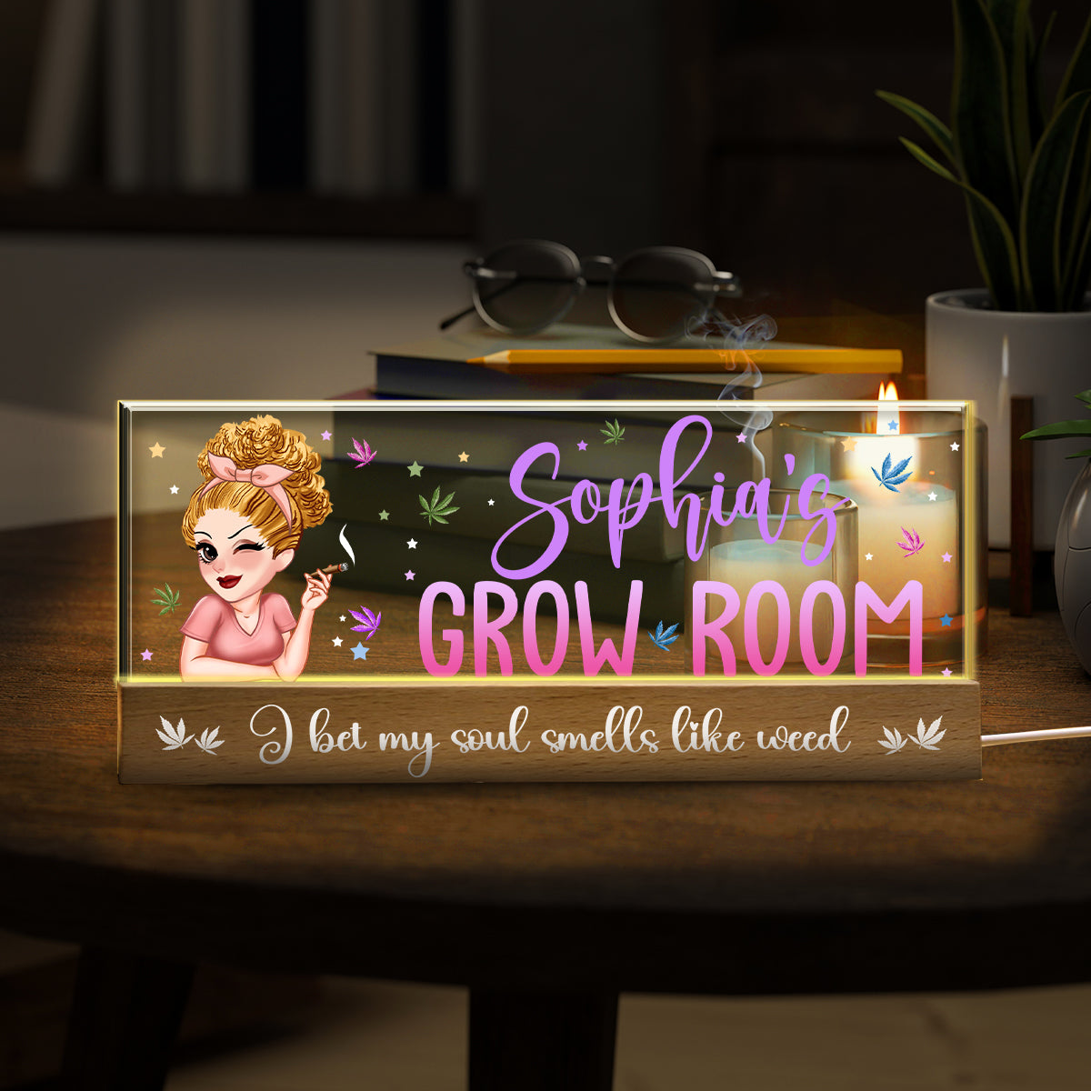 Plaque pour salle de culture - Veilleuse LED personnalisée pour cannabis