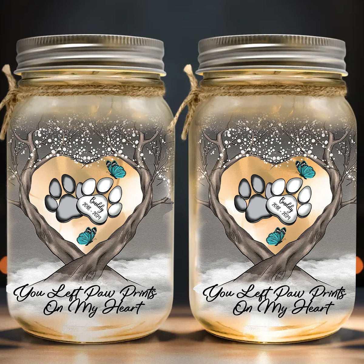 You Left Paw Prints On My Heart - Personalized Dog Mason Jar Light