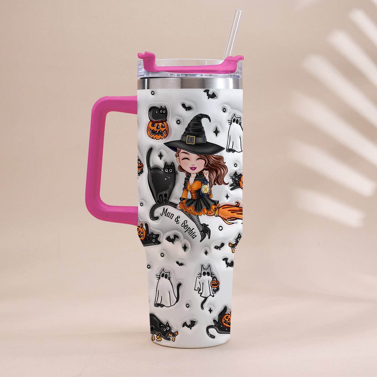 Cute Witch Halloween Ghost Boo Cat - Personalized Witch Tumbler With Handle
