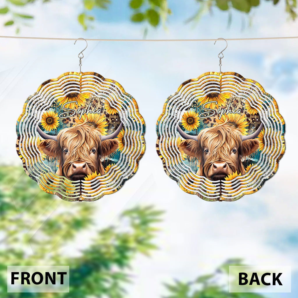 Highland Cow Among Sunflowers - Personalized Wind Spinner