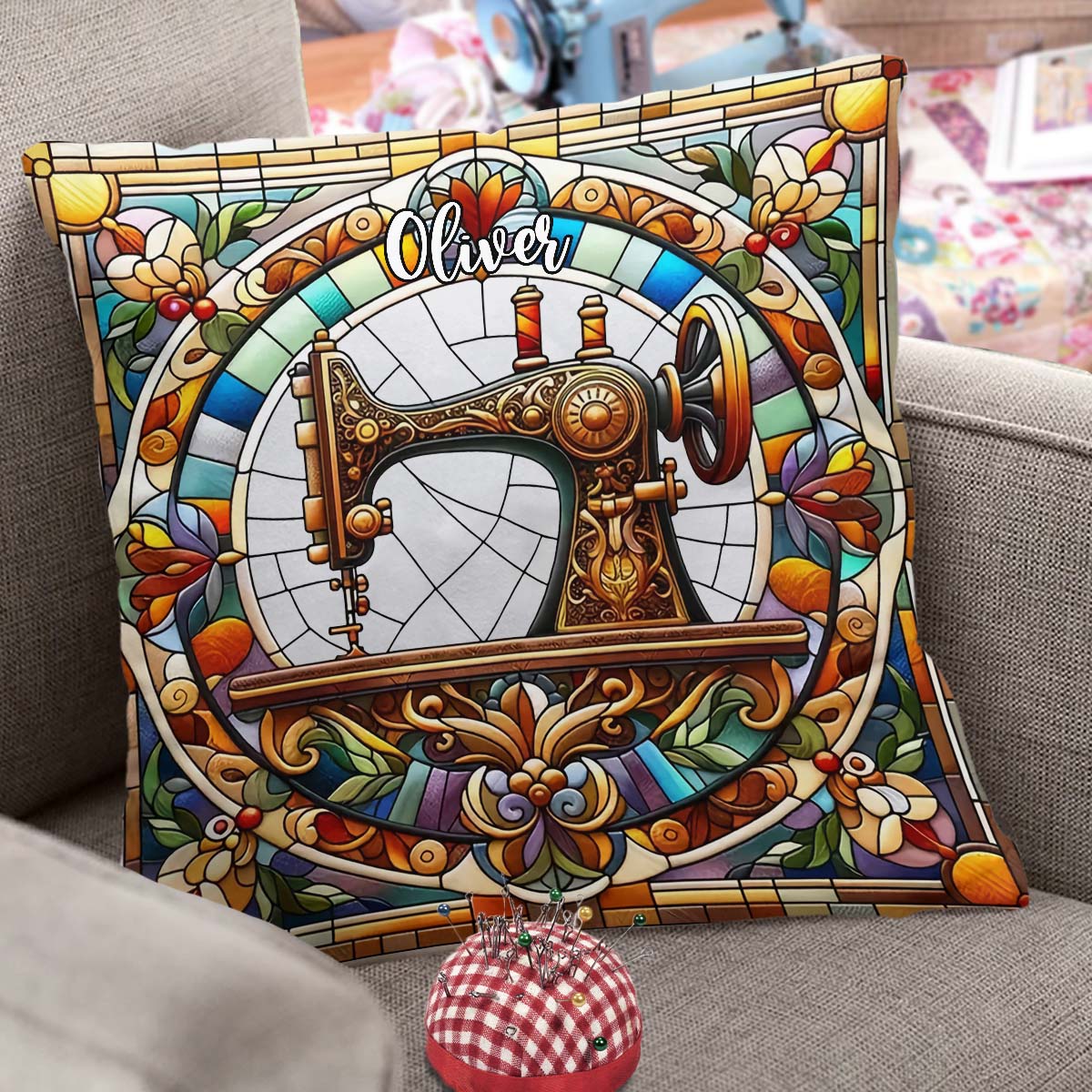 Colorful Sewing Machine - Personalized Sewing Throw Pillow