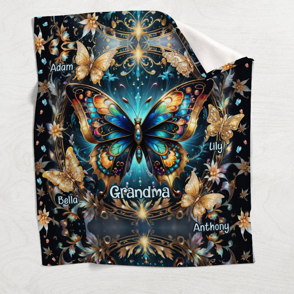 Grandma Life Mom Any Title Stunning Gold Butterfly Version - Personalized Grandma Blanket