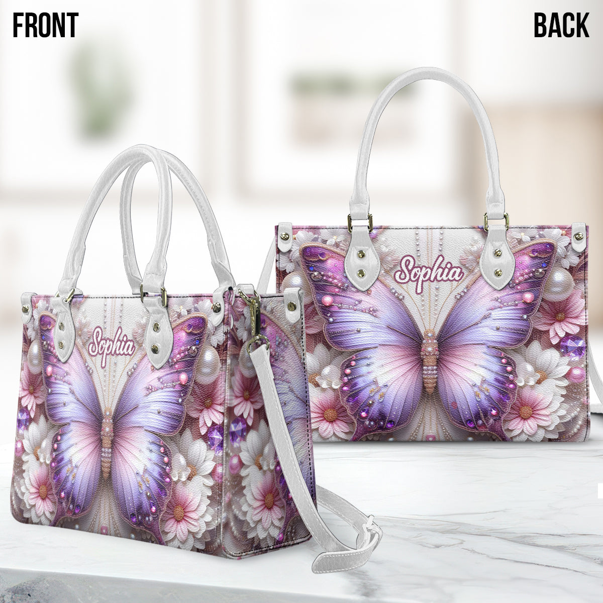 Floral Butterflies - Personalized Butterfly Leather Handbag