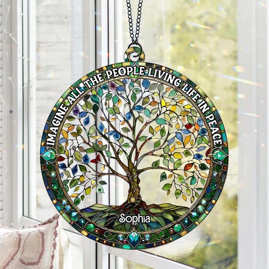 Imagine All The People Living Life In Peace - Personalized Hippie Window Hanging Suncatcher Ornament