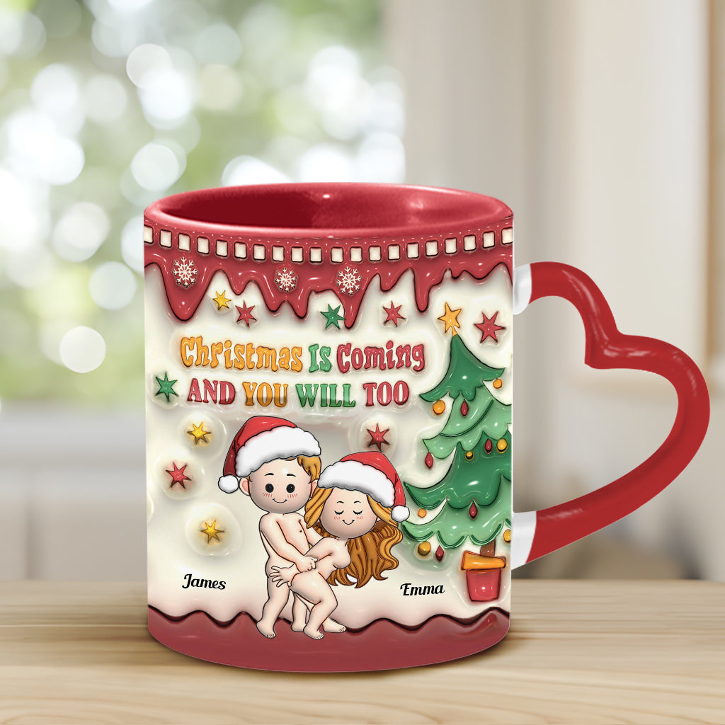 Christmas Is Coming - Personalized Couple Heart Handle Mug