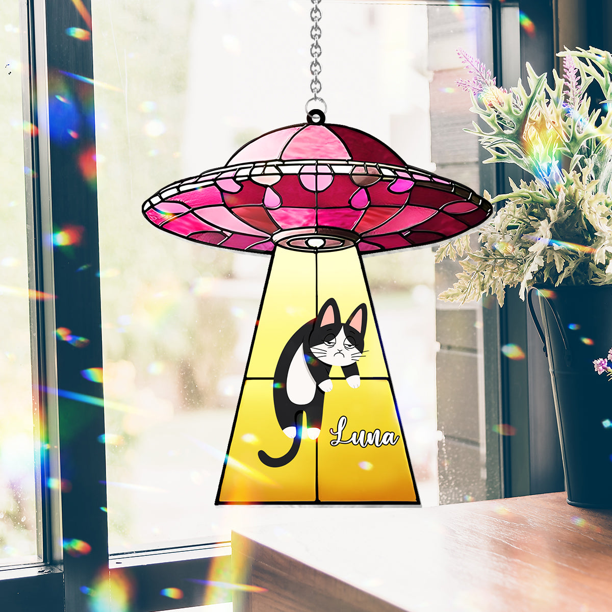 UFO With A Cat - Personalized Cat Window Hanging Suncatcher Ornament