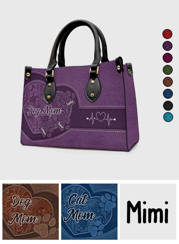 Dog Mom Cat Mom Heart And Paws - Personalized Dog Leather Handbag