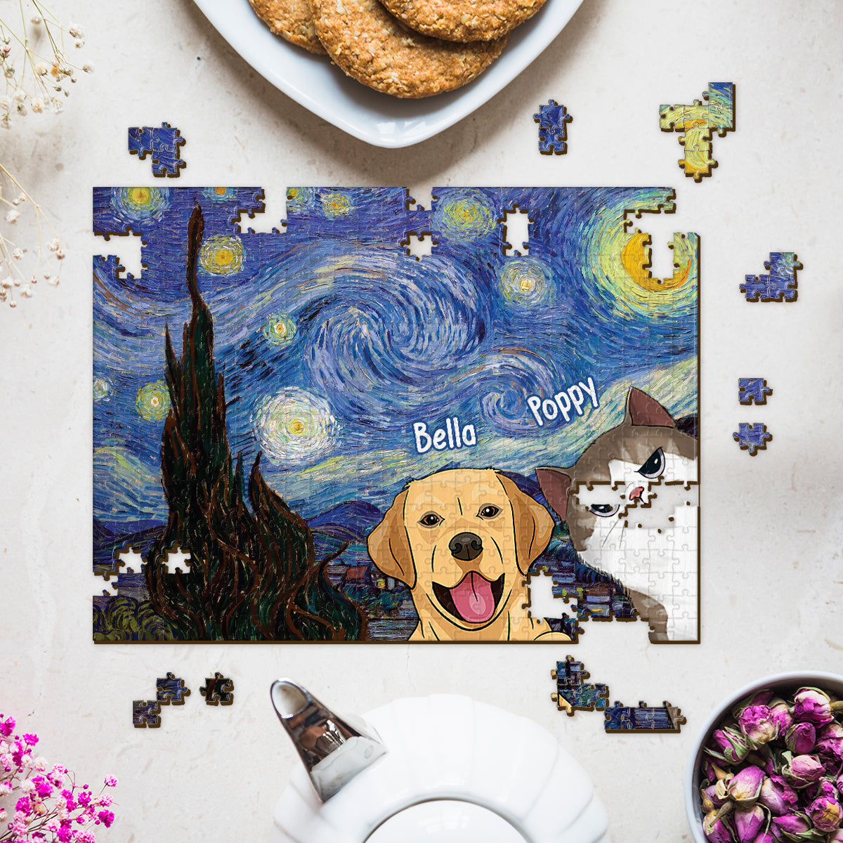 Van Gogh Starry Night Cat - Personalized Cat Jigsaw Puzzle