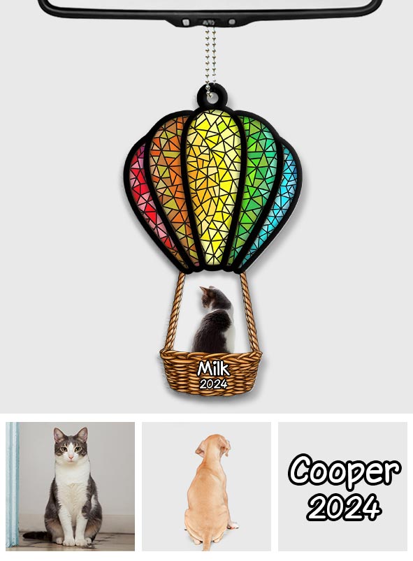 Katze und Hund fliegen mit Heißluftballon – Personalisierter transparenter Autoanhänger mit Katze