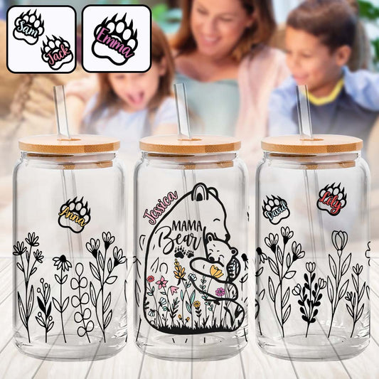 Mama Bear Floral Love Affection - Personalized Mother Can Glass