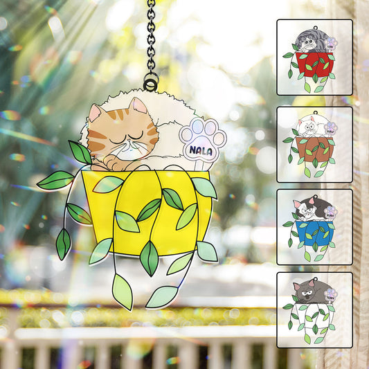 Chill Cat In A Flowerpot - Personalized Cat Window Hanging Suncatcher Ornament