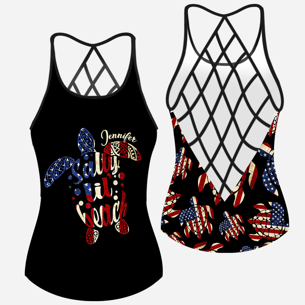 Salty Lil Beach 4th Of July Flag - Personalized Turtle Cross Tank Top