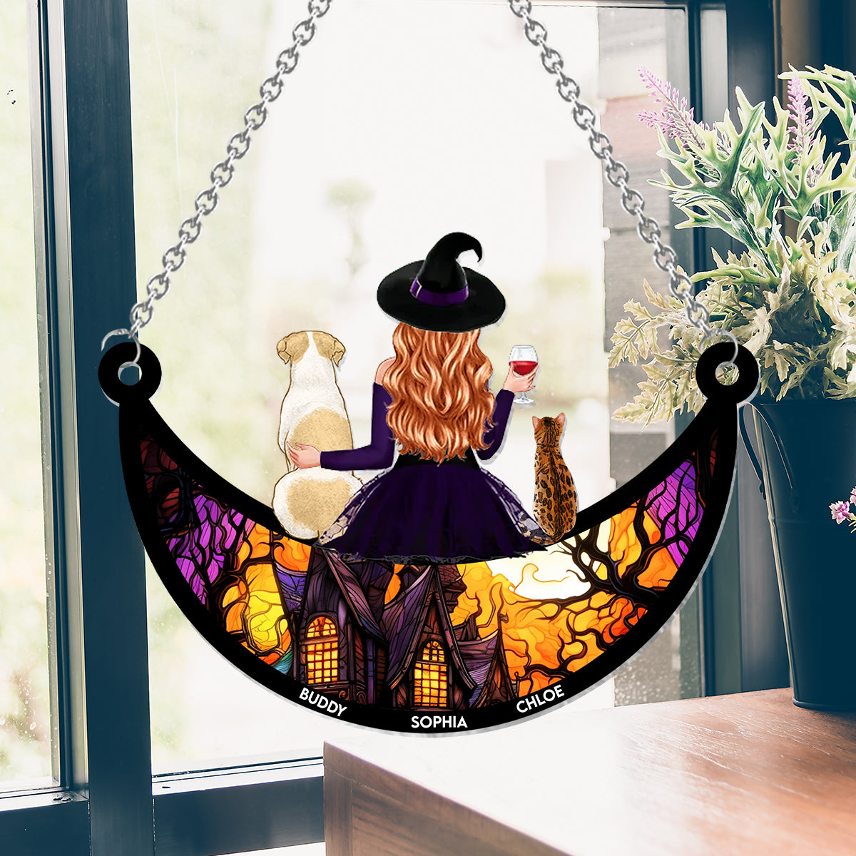 Wicked Witch And Little Monster - Personalized Dog Window Hanging Suncatcher Ornament