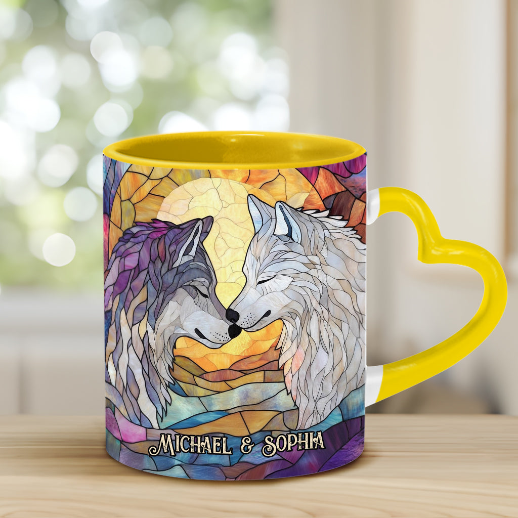 Wolf He Keeps Me Safe She Keeps Me Wild - Personalized Couple Heart Handle Mug