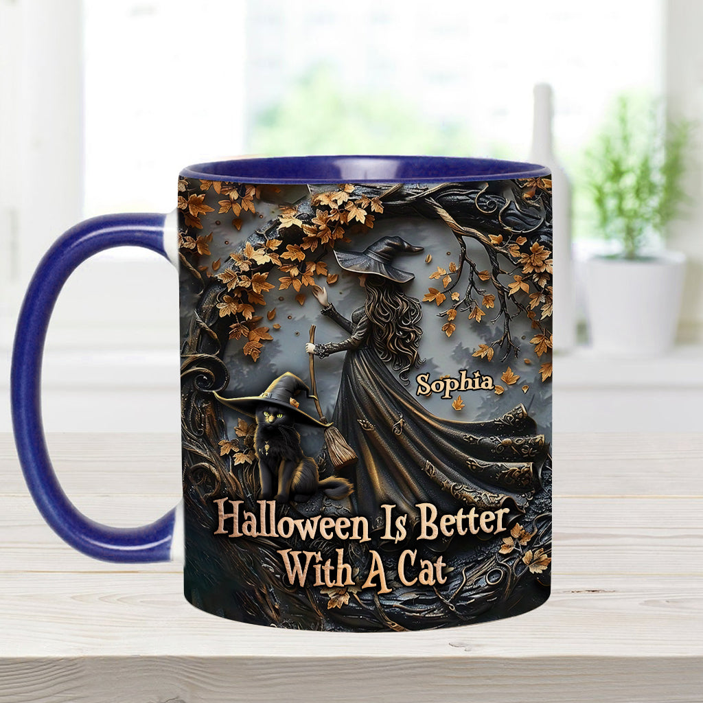 Halloween Is Better With A Cat - Personalized Black Cat Accent Mug