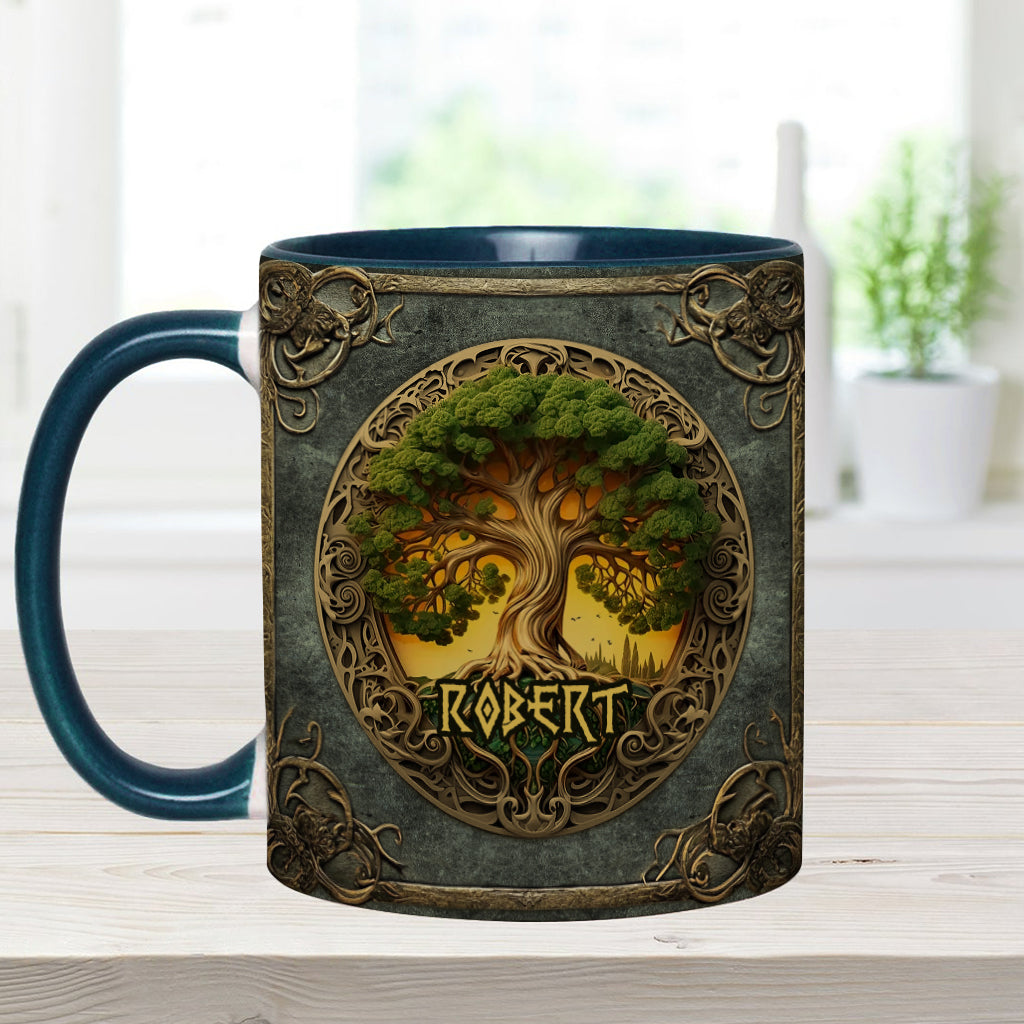 Lebensbaum-Motiv, skandinavische Mythologie, rustikaler Stil – personalisierte Tasse mit irischem Akzent