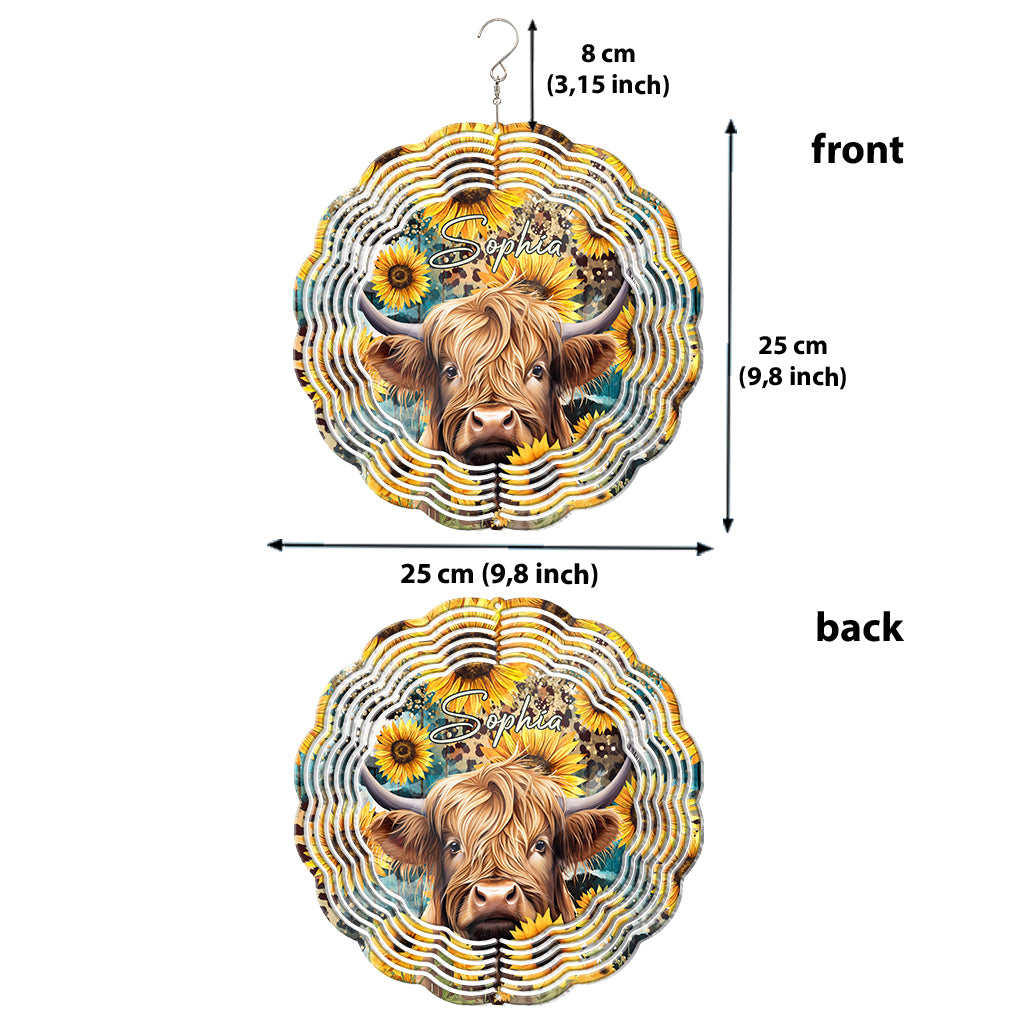 Highland Cow Among Sunflowers - Personalized Wind Spinner