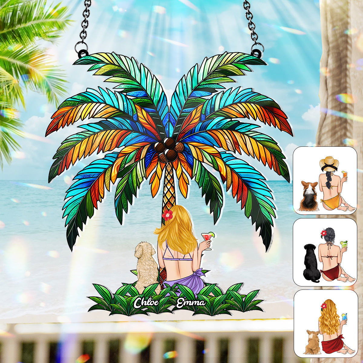 You & Me Under The Palm Tree - Personalized Dog Window Hanging Suncatcher Ornament