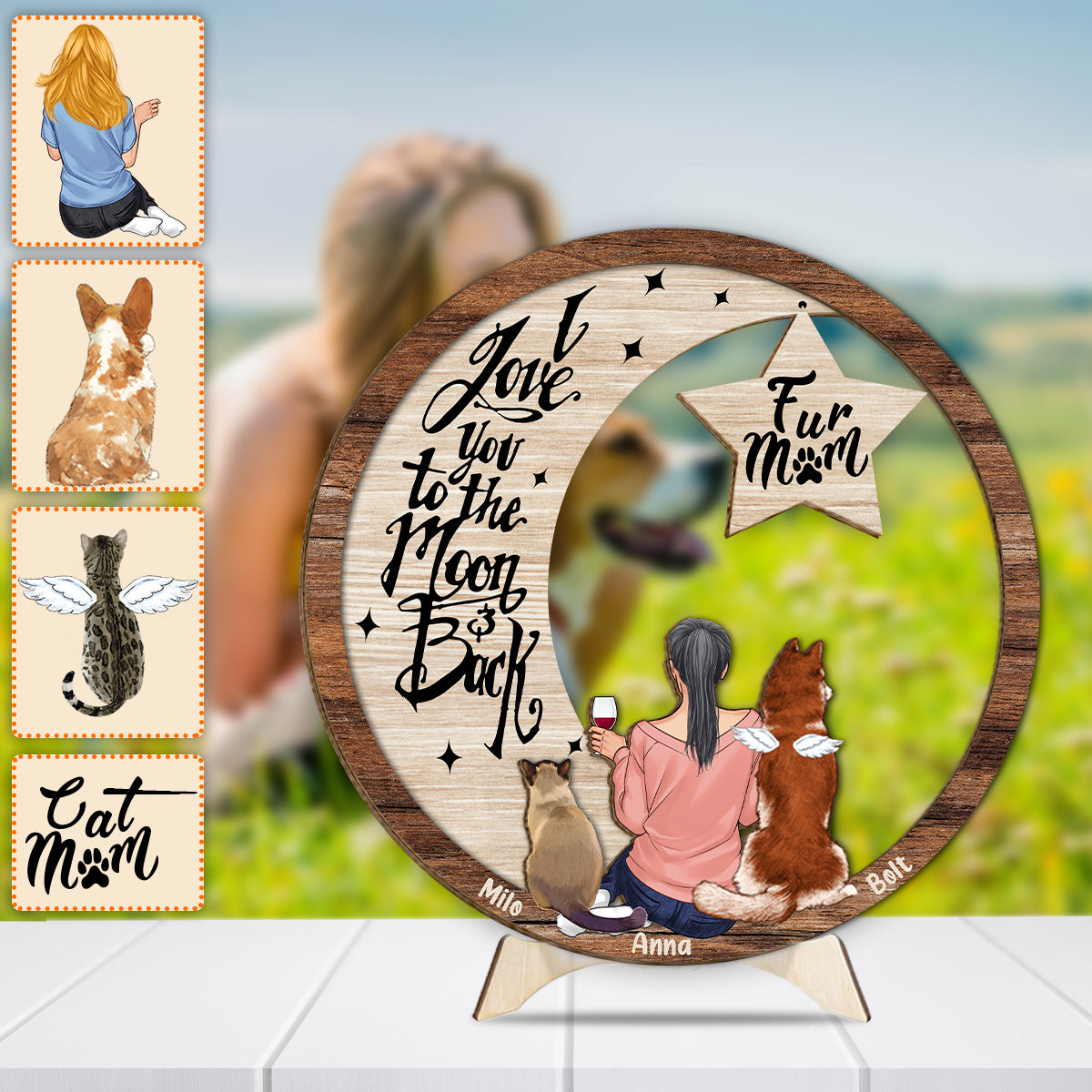 Ich vermisse dich, ich weiß, ich liebe dich bis zum Mond und zurück – Personalisiertes zweilagiges Holzschild mit Hundemotiv / Holzplakette