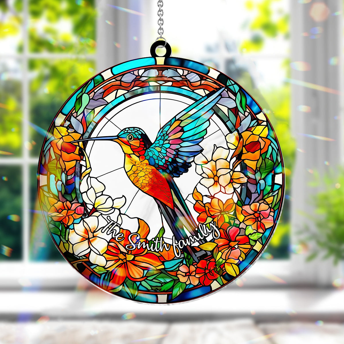 Magnifique colibri entouré de fleurs - Décoration attrape-soleil personnalisée à suspendre à la fenêtre. 