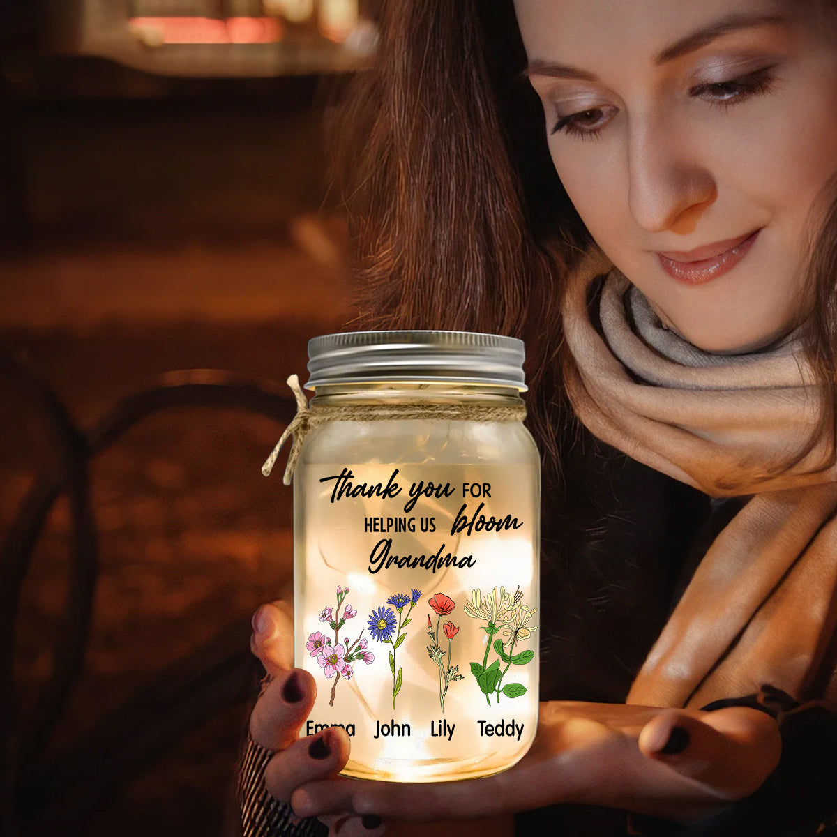 Thank You For Helping Us Bloom - Personalized Grandma Mason Jar Light