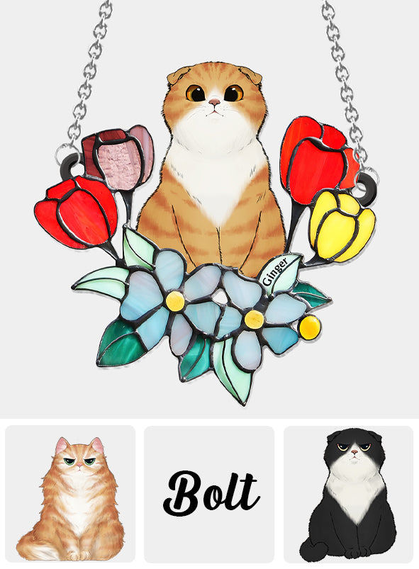 Cat Among Flowers - Personalized Cat Window Hanging Suncatcher Ornament
