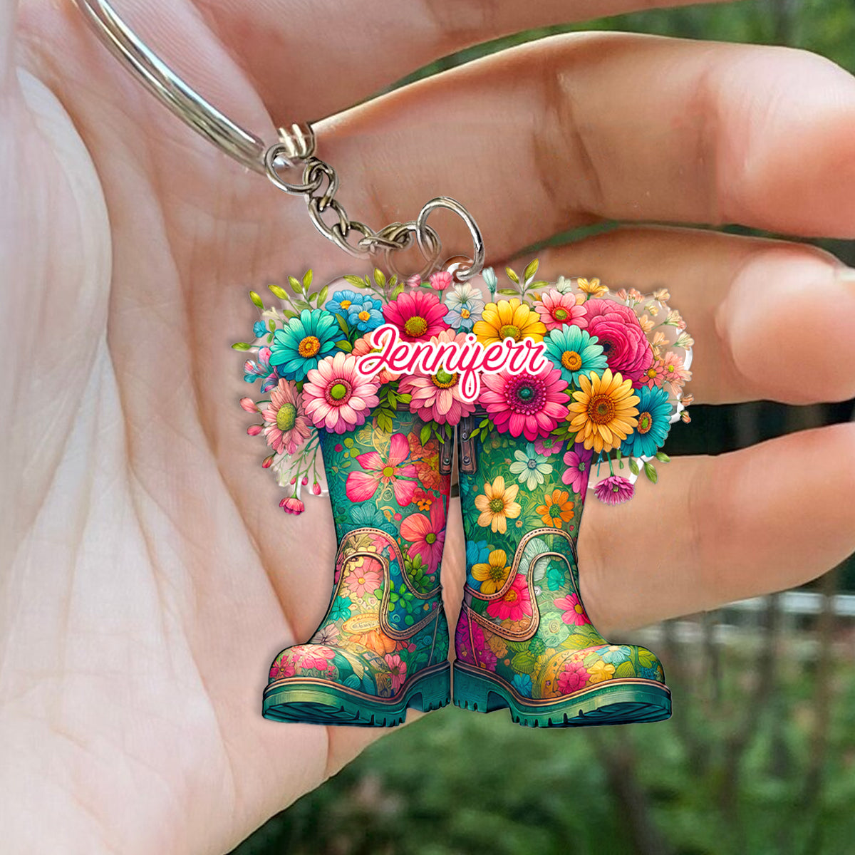 Floral Garden Boots - Personalized Gardening Keychain