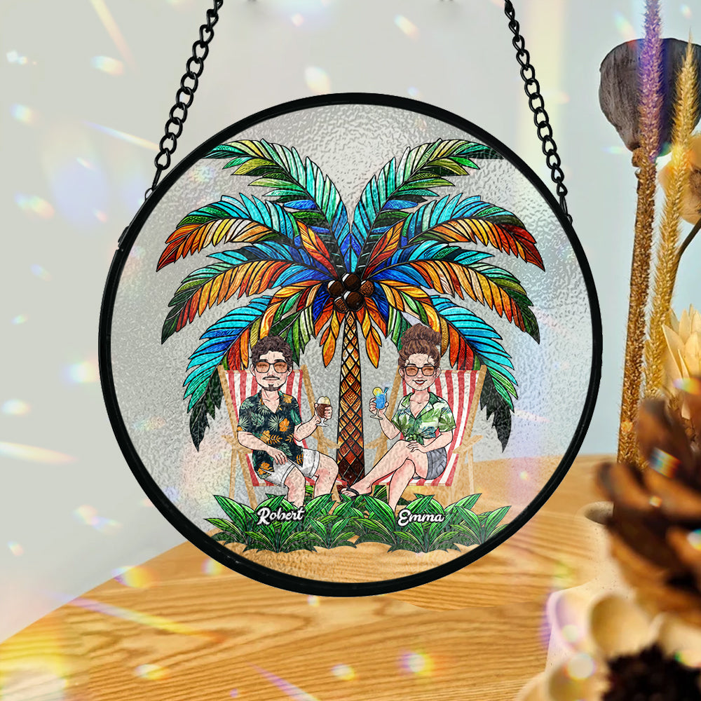 Under The Palm Tree Happy Couple - Personalized Couple Stained Glass Suncatcher
