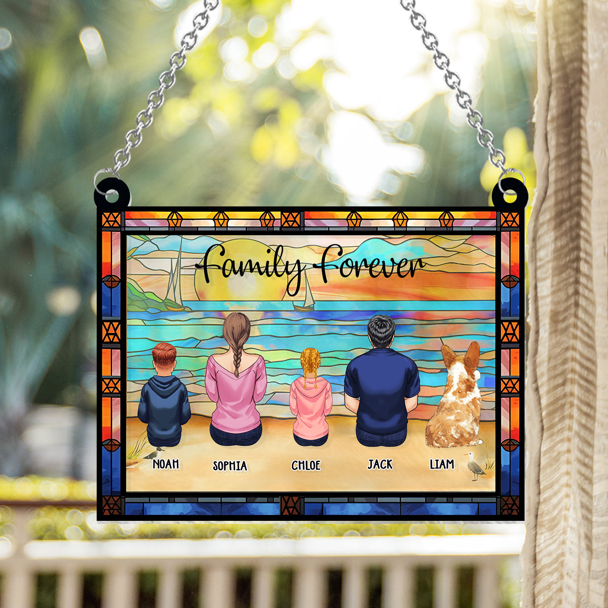 Family Sitting Back View Beautiful Ocean - Personalized Family Window Hanging Suncatcher Ornament