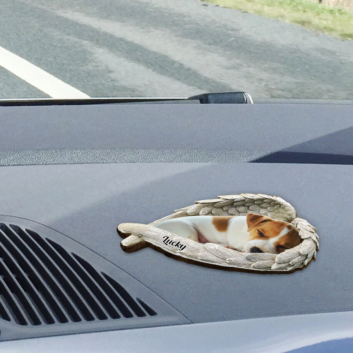 Animal endormi sous des ailes d'ange - Clip de pare-soleil personnalisé en forme de chien