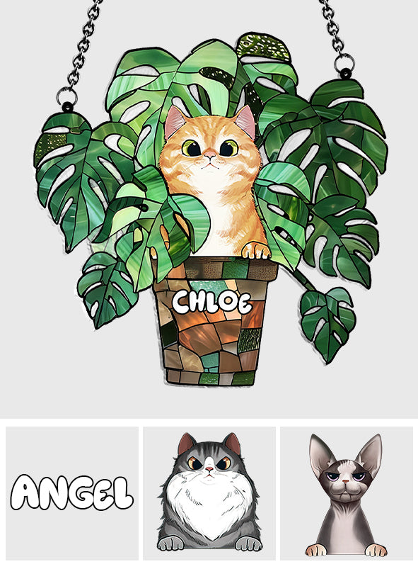 Peeking Cat And Monstera - Personalized Cat Window Hanging Suncatcher Ornament