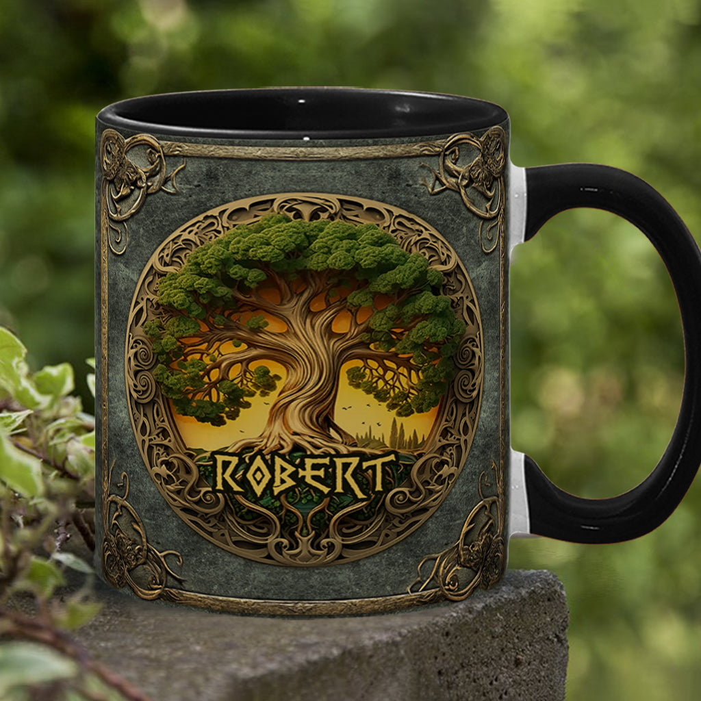 Lebensbaum-Motiv, skandinavische Mythologie, rustikaler Stil – personalisierte Tasse mit irischem Akzent
