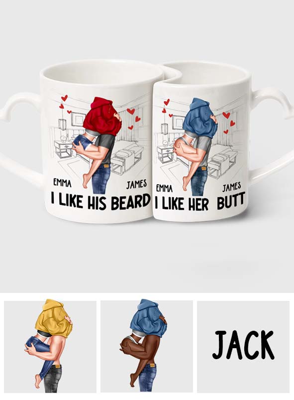 I Like His Beard I Love Her Butt - Personalized Couple Matching Heart Handle Mug