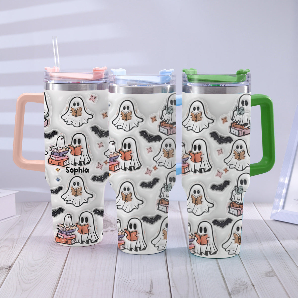 Cute Ghost Reading Booooks - Personalized Book Tumbler With Handle