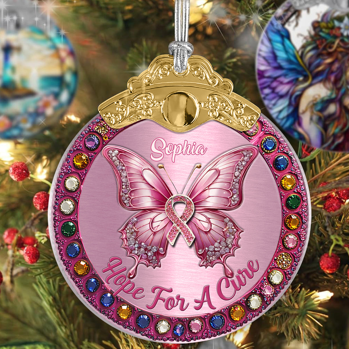 Hope For A Cure - Personalized Breast Cancer Awareness Vintage Ornament