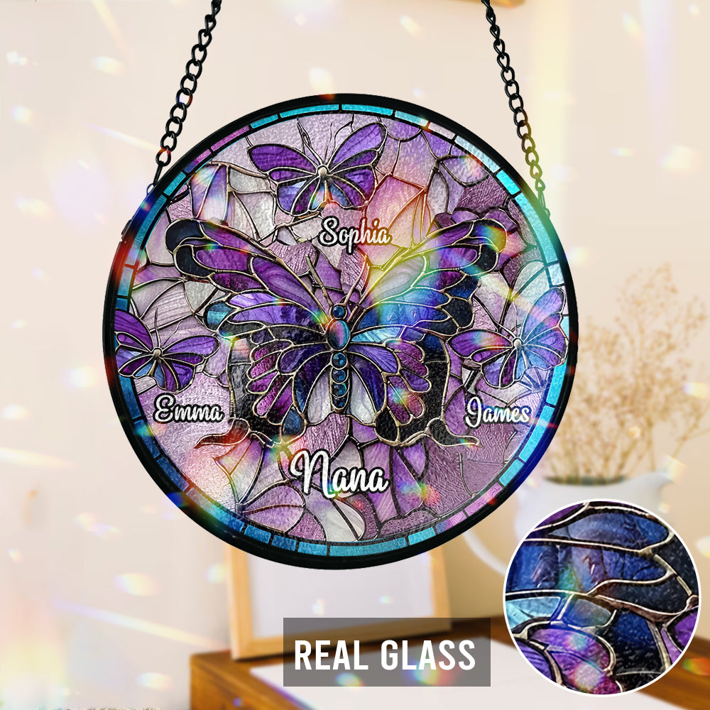 Nana Beautiful Butterfly Any Title - Personalized Grandma Stained Glass Suncatcher