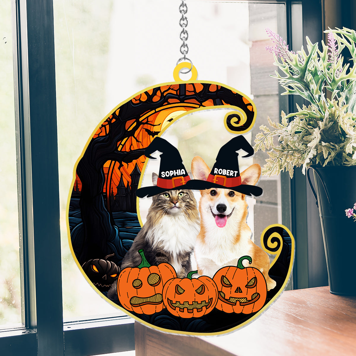 Niedliche Halloween-Haustiere – Personalisierter Hunde-Fensterhänger als Sonnenfänger 