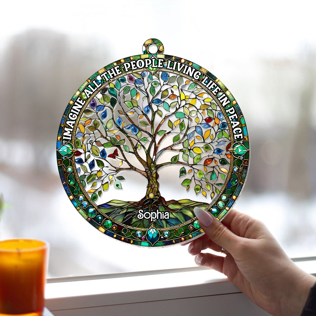 Imagine All The People Living Life In Peace - Personalized Hippie Window Hanging Suncatcher Ornament