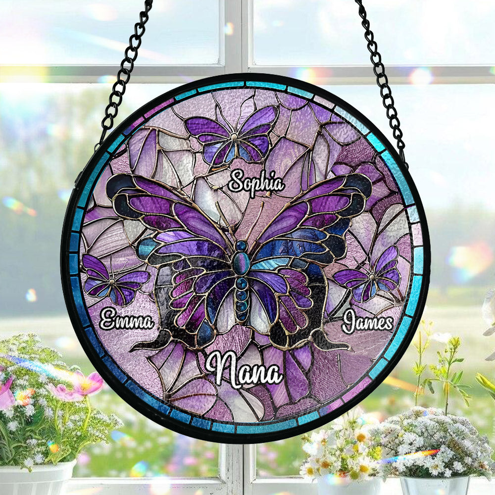 Nana Beautiful Butterfly Any Title - Personalized Grandma Stained Glass Suncatcher
