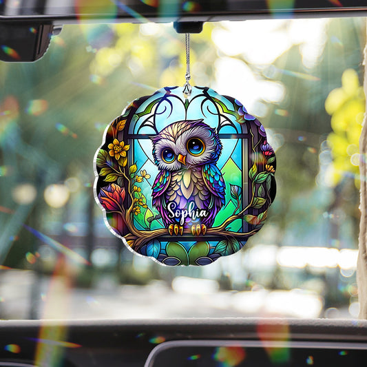 Cute Owl Stained Glass - Personalized Owl Custom Shaped Car Ornament