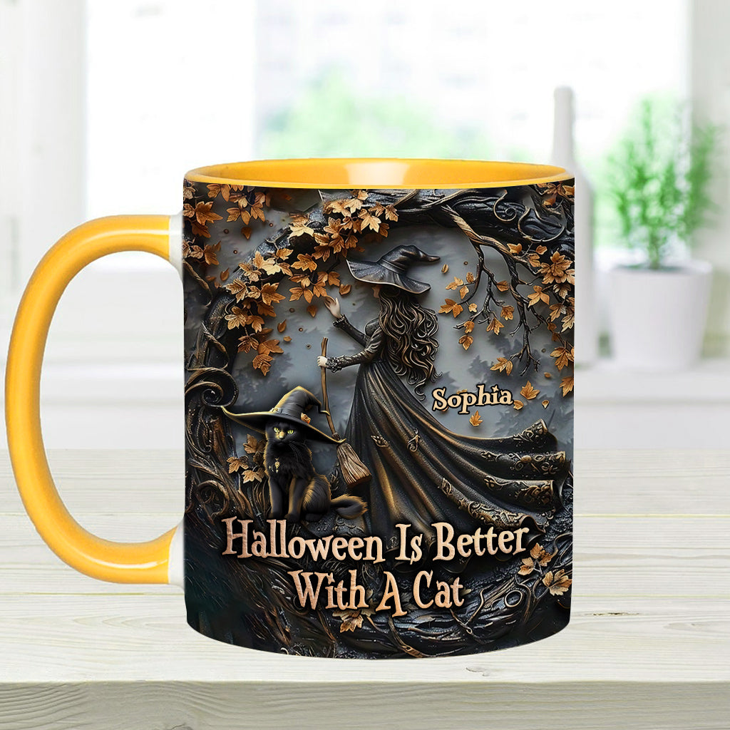 Halloween Is Better With A Cat - Personalized Black Cat Accent Mug