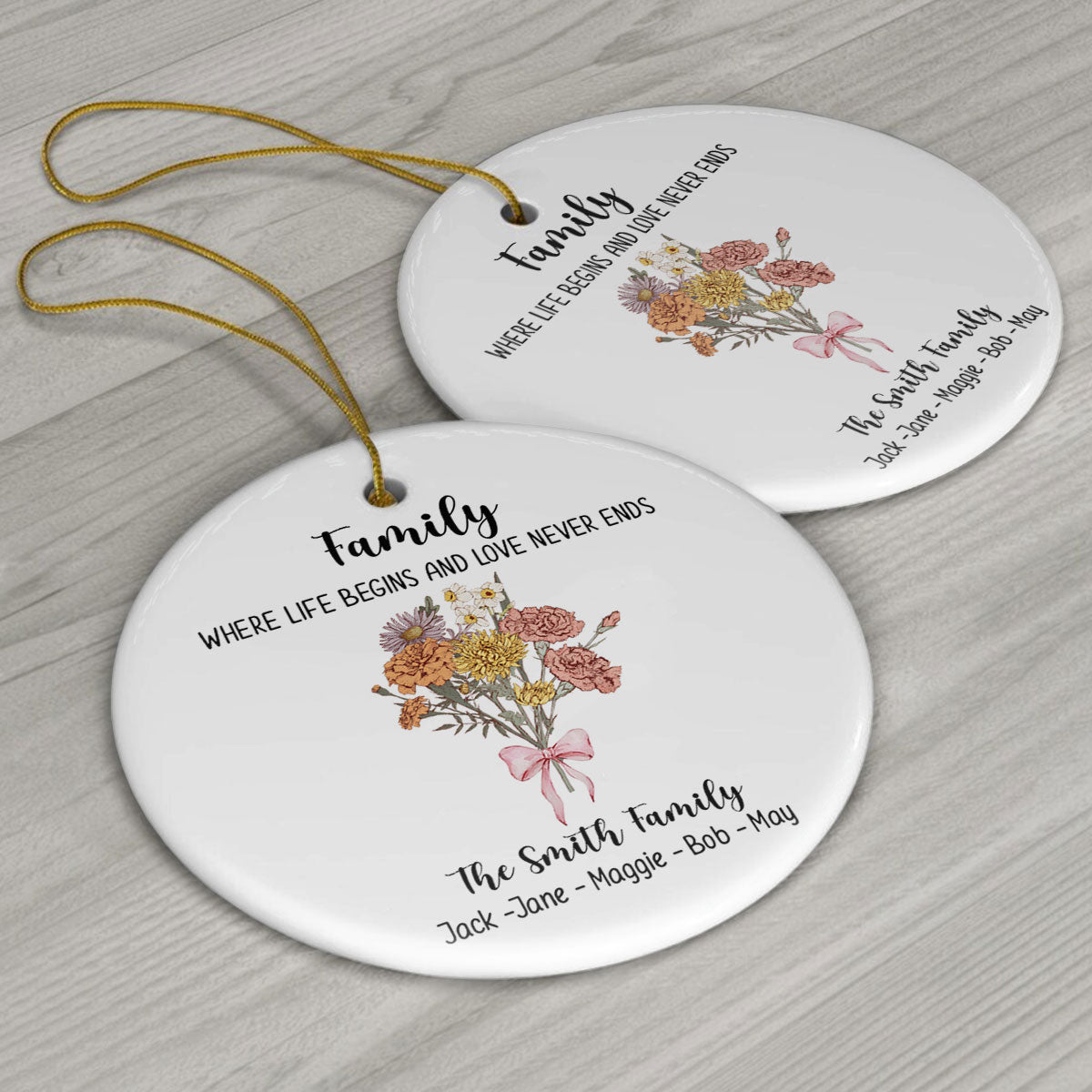 Family Where Life Begins and Love Never Ends - Personalized Family Ceramic Circle Ornament