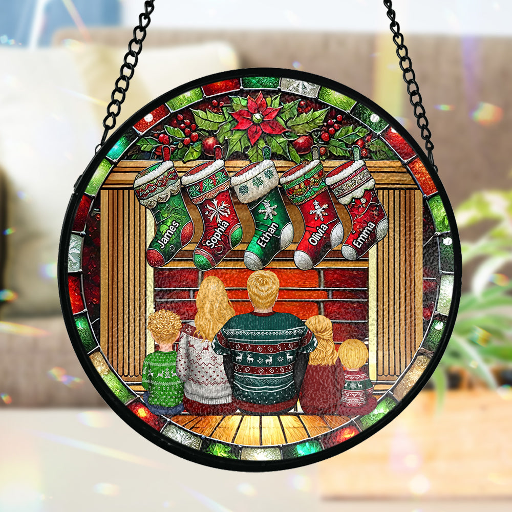 Happy Family Sitting By The Fireplace - Personalized Family Stained Glass Suncatcher