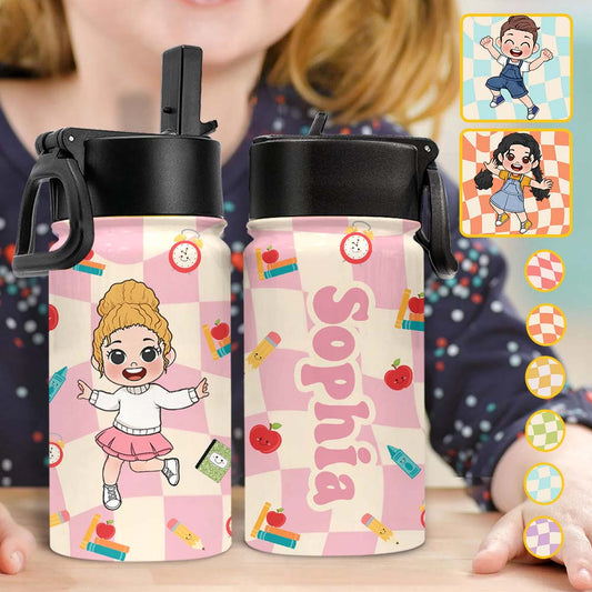 Wavy Check Back to School - Personalized Kid Kids Water Bottle