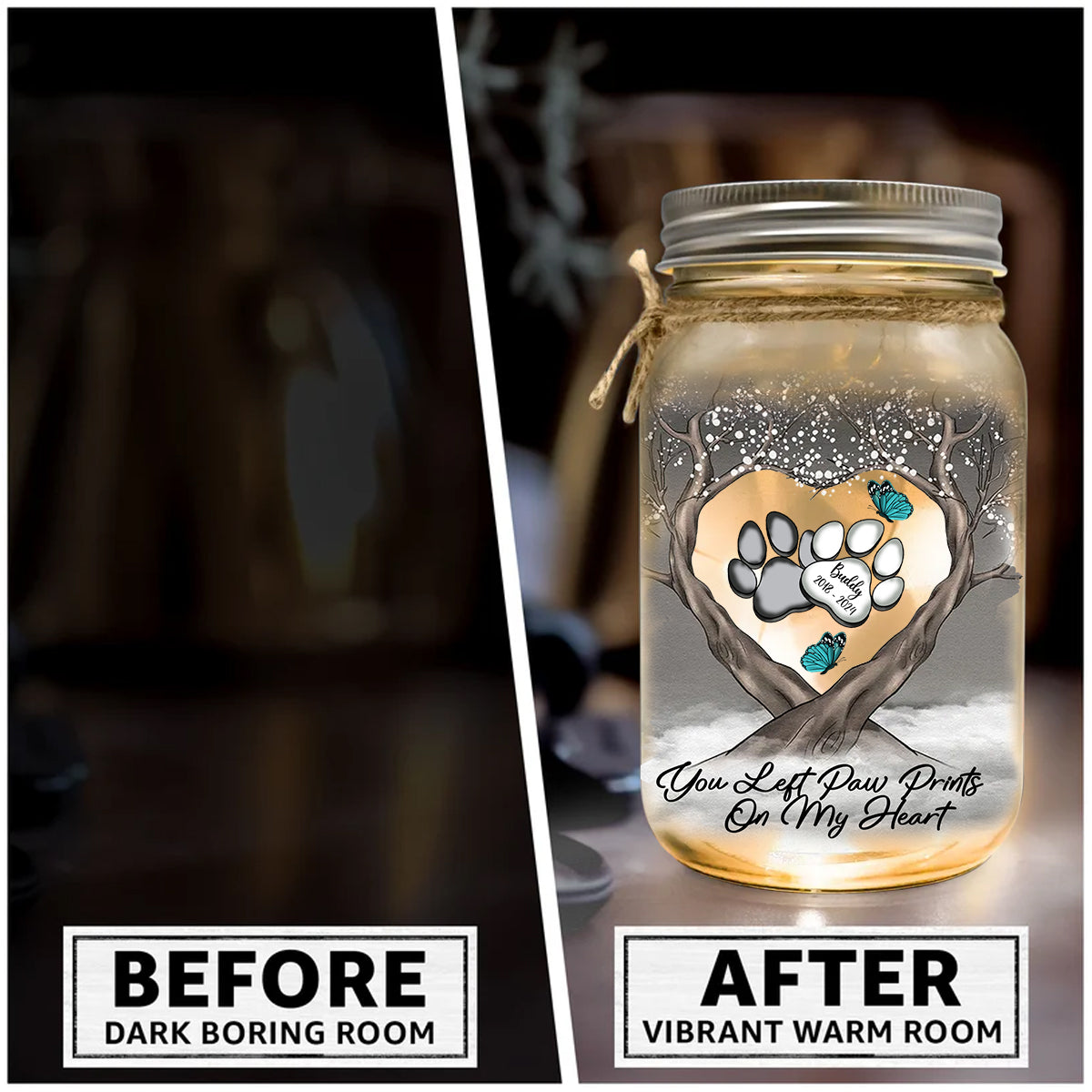 You Left Paw Prints On My Heart - Personalized Dog Mason Jar Light