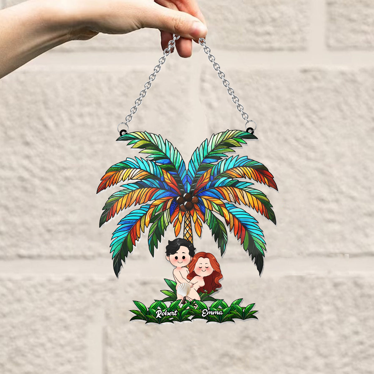 Funny Couple Under The Palm Tree - Personalized Couple Window Hanging Suncatcher Ornament
